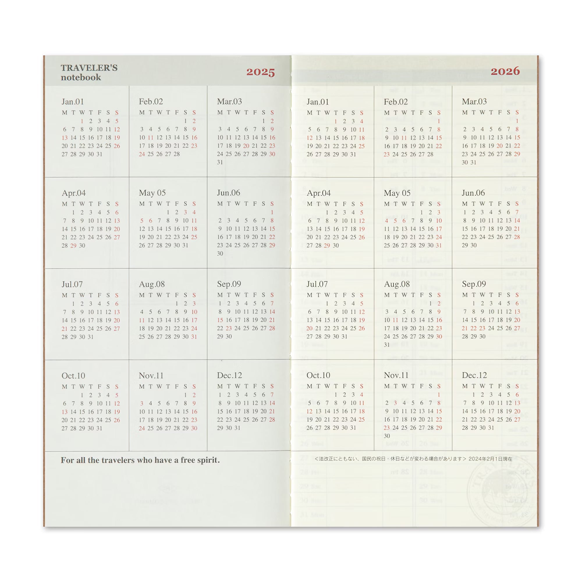 TRAVELER'S notebook - agenda semainier 2025 avec notes (regular size) - TN Regular size - 1 semaine + notes -