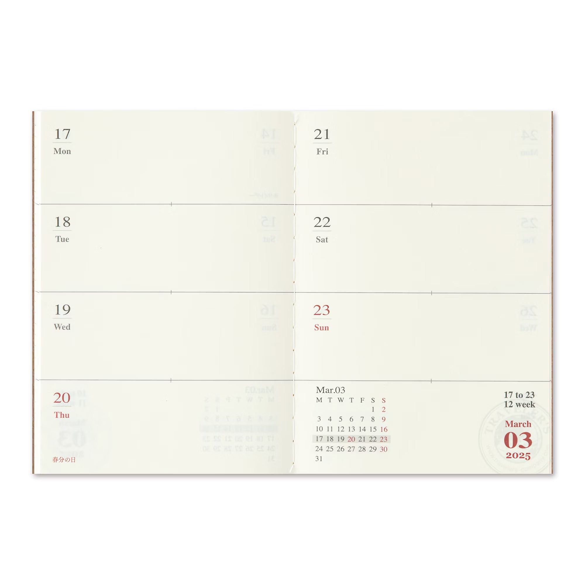 TRAVELER'S notebook - agenda semainier 2025 (passport size) - TN Passport size - 1 semaine sur 2 pages -