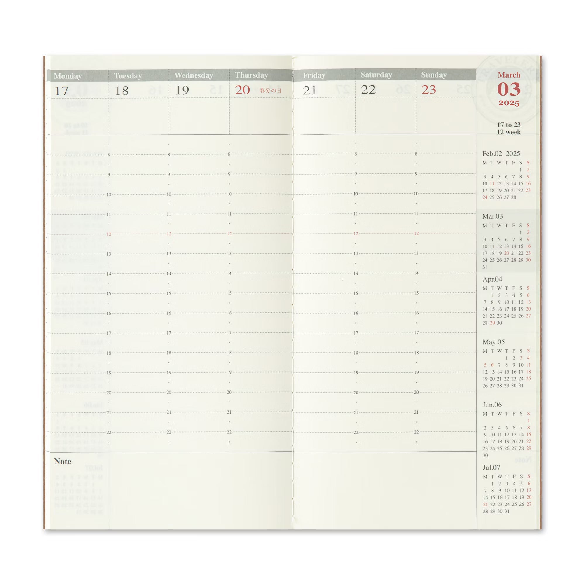 TRAVELER'S notebook - agenda semainier 2025 (regular size) - TN Regular size - 1 semaine sur 2 pages -