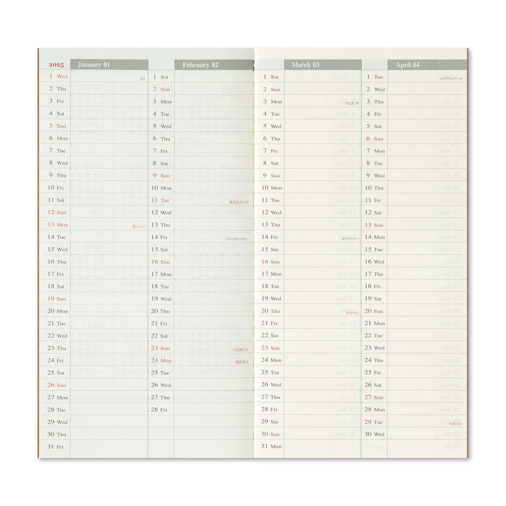 TRAVELER'S notebook - agenda semainier 2025 (regular size) - TN Regular size - 1 semaine sur 2 pages -