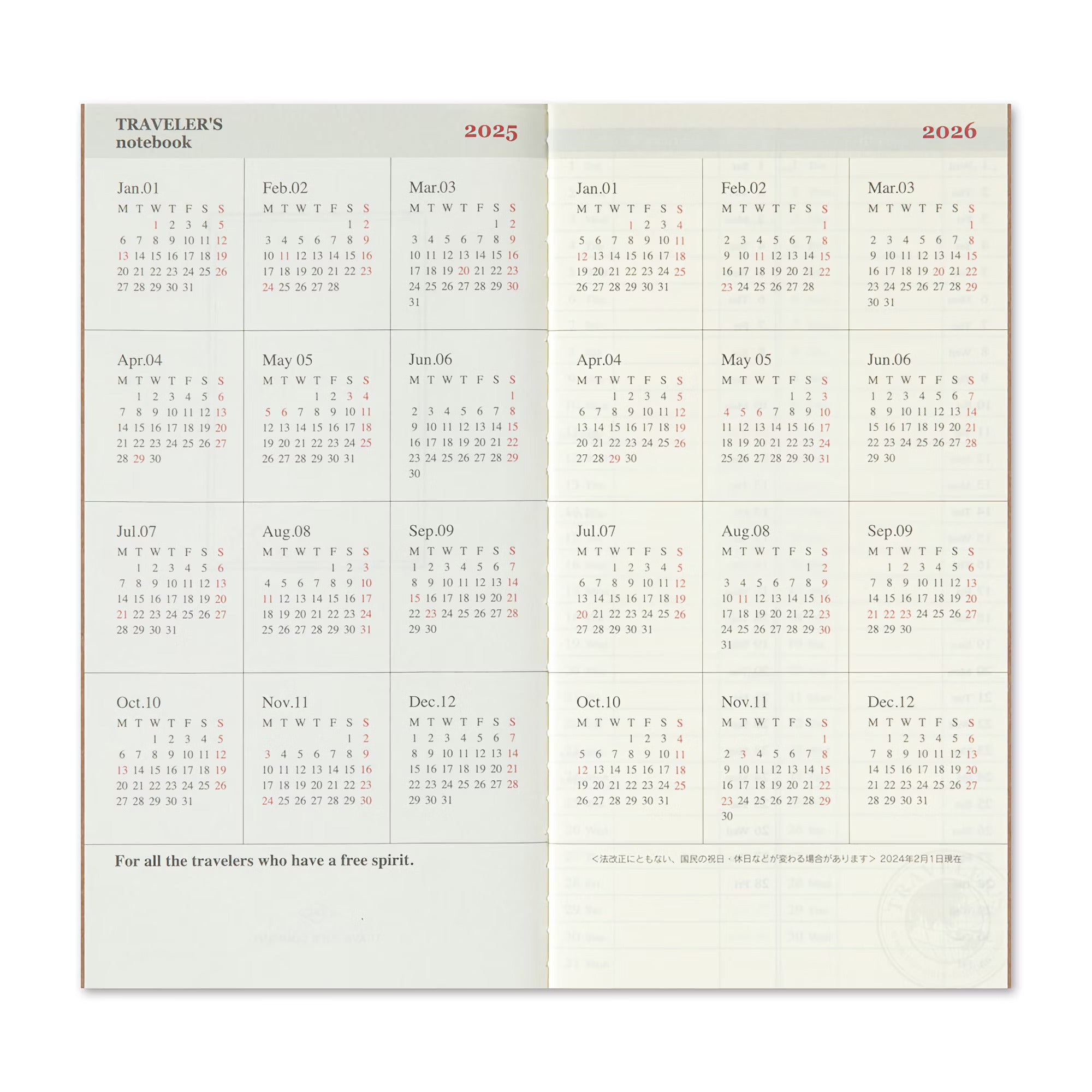TRAVELER'S notebook - agenda semainier 2025 (regular size) - TN Regular size - 1 semaine sur 2 pages -
