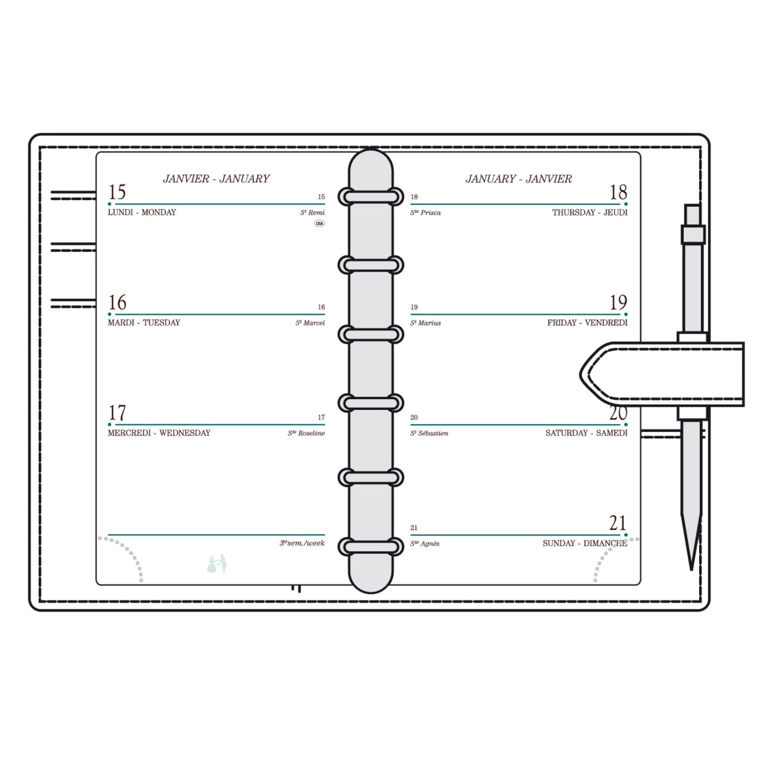Organiseur MIGNON SK12 - 9 x 13 cm - 1 semaine sur 2 pages - Orientation horizontale - Veau Boboli marron