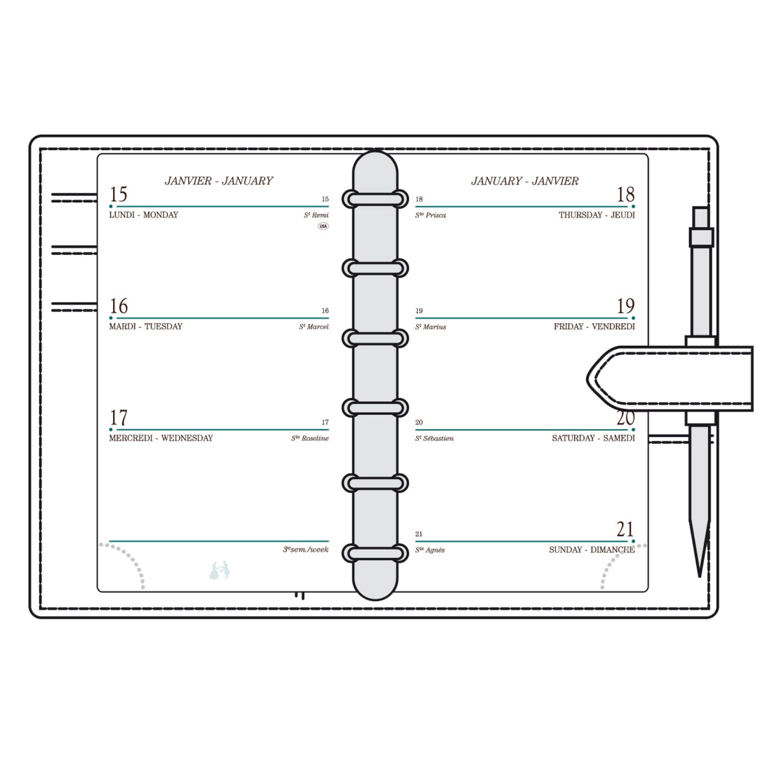 Organiseur MIGNON SK12 - 9 x 13 cm - 1 semaine sur 2 pages - Orientation horizontale - Veau Boboli noir