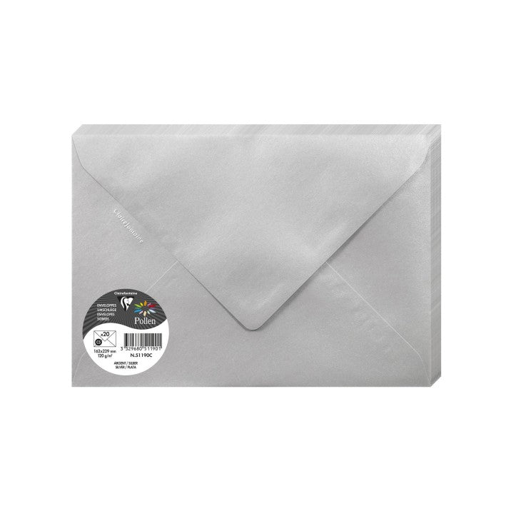 20 enveloppes CLAIREFONTAINE Pollen - C5 (162 x 229 mm) - 120 g/m² - Argent - 3329680511901