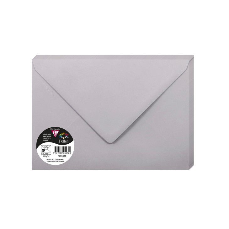20 enveloppes CLAIREFONTAINE Pollen - C5 (162 x 229 mm) - 120 g/m² - Gris koala - 3329680055320
