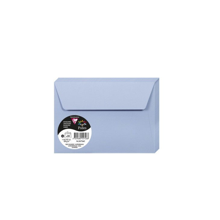 20 enveloppes CLAIREFONTAINE Pollen - C6 (114 x 162 mm) - 120 g/m² - Bleu lavande - 3329680557268