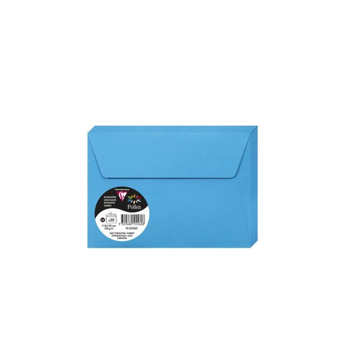 20 enveloppes CLAIREFONTAINE Pollen - C6 (114 x 162 mm) - 120 g/m² - Bleu turquoise - 3329680555608