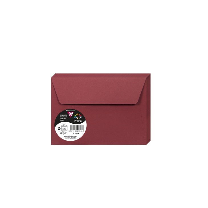 20 enveloppes CLAIREFONTAINE Pollen - C6 (114 x 162 mm) - 120 g/m² - Bordeaux - 3329680058864