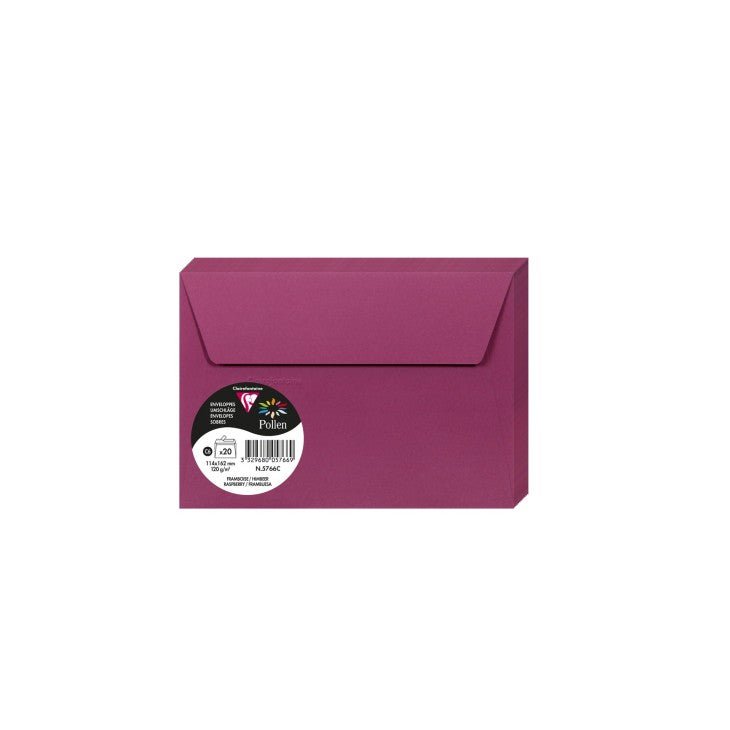 20 enveloppes CLAIREFONTAINE Pollen - C6 (114 x 162 mm) - 120 g/m² - Framboise - 3329680057669