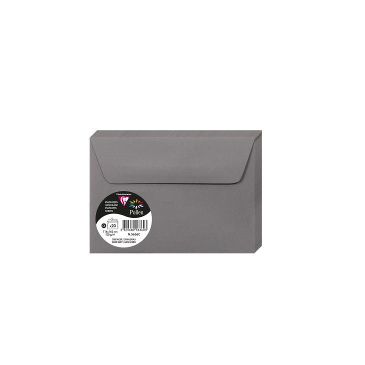20 enveloppes CLAIREFONTAINE Pollen - C6 (114 x 162 mm) - 120 g/m² - Gris acier - 3329680563603