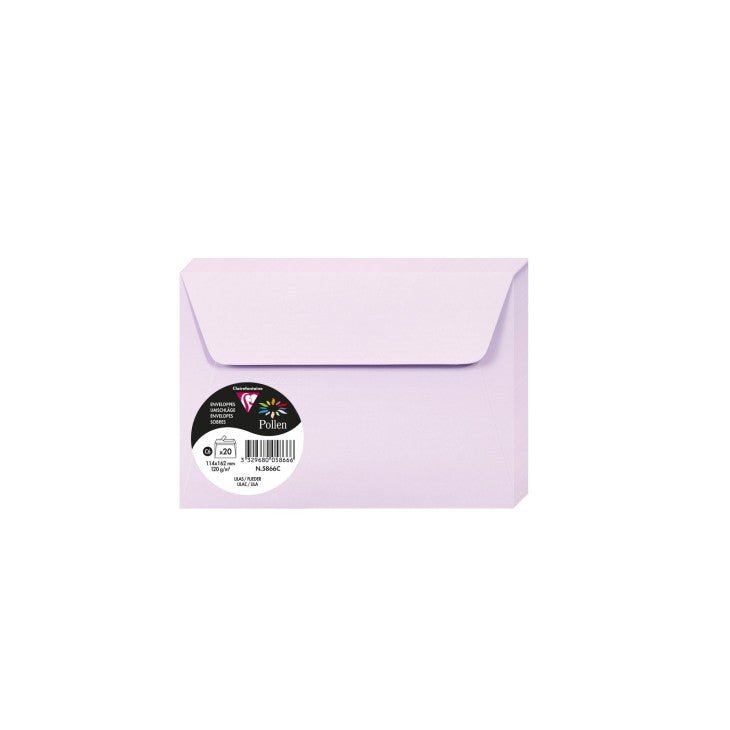 20 enveloppes CLAIREFONTAINE Pollen - C6 (114 x 162 mm) - 120 g/m² - Lilas - 3329680058666