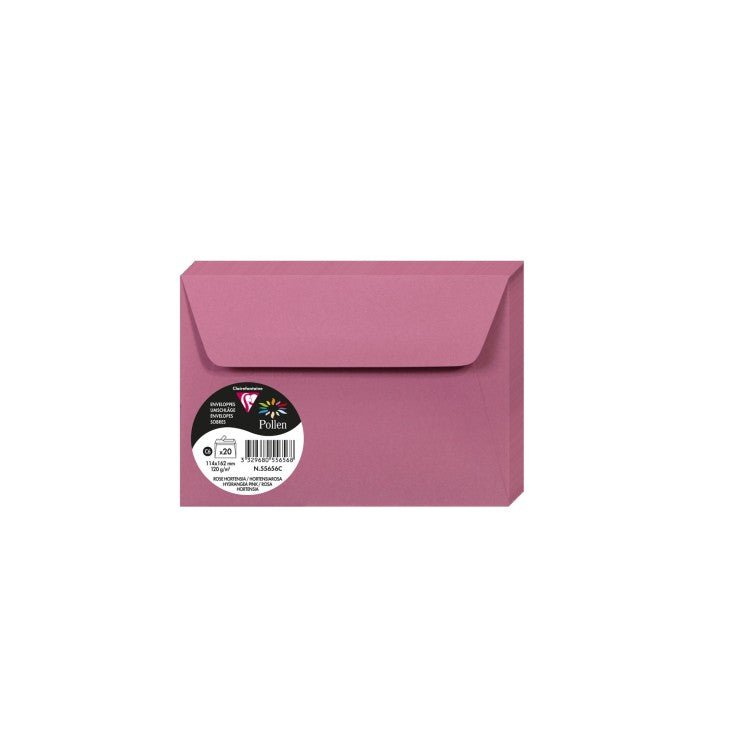 20 enveloppes CLAIREFONTAINE Pollen - C6 (114 x 162 mm) - 120 g/m² - Rose hortensia - 3329680556568
