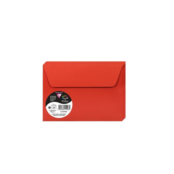 20 enveloppes CLAIREFONTAINE Pollen - C6 (114 x 162 mm) - 120 g/m² - Rouge corail - 3329680559965