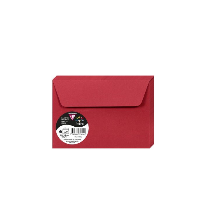 20 enveloppes CLAIREFONTAINE Pollen - C6 (114 x 162 mm) - 120 g/m² - Rouge groseille - 3329680558609