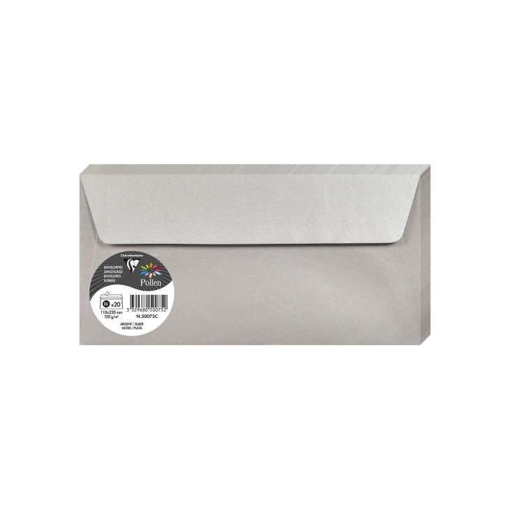 20 enveloppes CLAIREFONTAINE Pollen - DL (110 x 220 mm) - 120 g/m² - Argent - 3329680500752