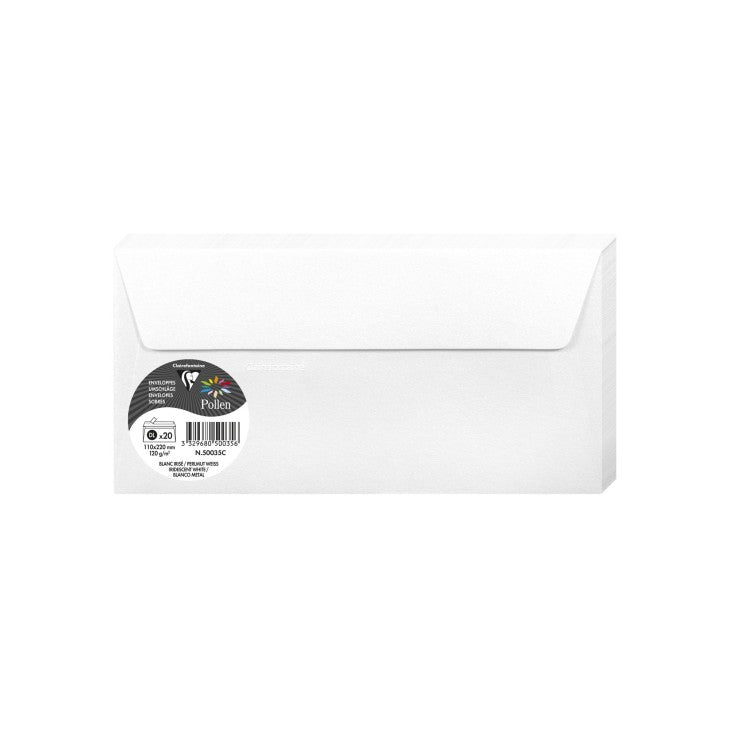 20 enveloppes CLAIREFONTAINE Pollen - DL (110 x 220 mm) - 120 g/m² - Blanc irisé - 3329680500356