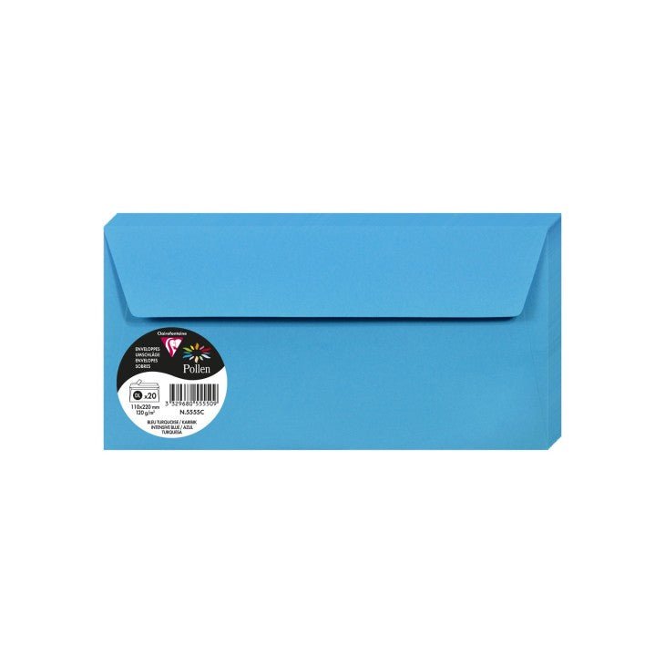 20 enveloppes CLAIREFONTAINE Pollen - DL (110 x 220 mm) - 120 g/m² - Bleu turquoise - 3329680555509
