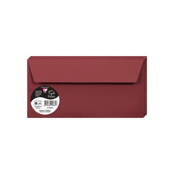 20 enveloppes CLAIREFONTAINE Pollen - DL (110 x 220 mm) - 120 g/m² - Bordeaux - 3329680058857