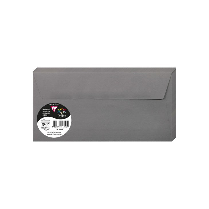 20 enveloppes CLAIREFONTAINE Pollen - DL (110 x 220 mm) - 120 g/m² - Gris acier - 3329680563504