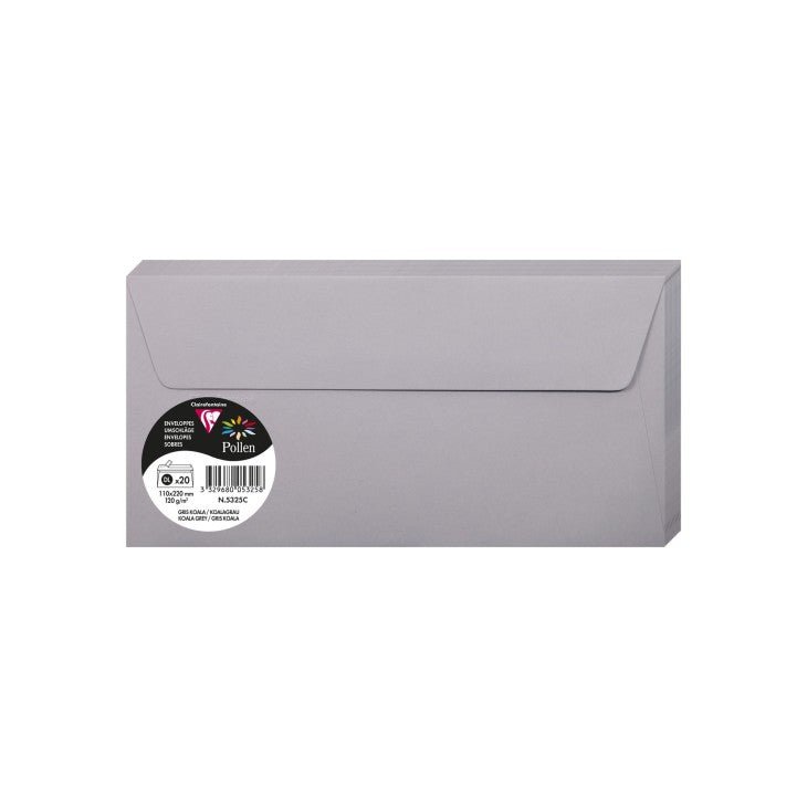 20 enveloppes CLAIREFONTAINE Pollen - DL (110 x 220 mm) - 120 g/m² - Gris koala - 3329680053258