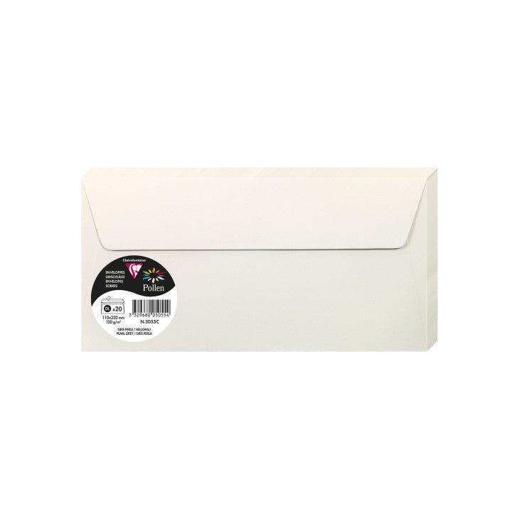 20 enveloppes CLAIREFONTAINE Pollen - DL (110 x 220 mm) - 120 g/m² - Gris perle - 3329680050554