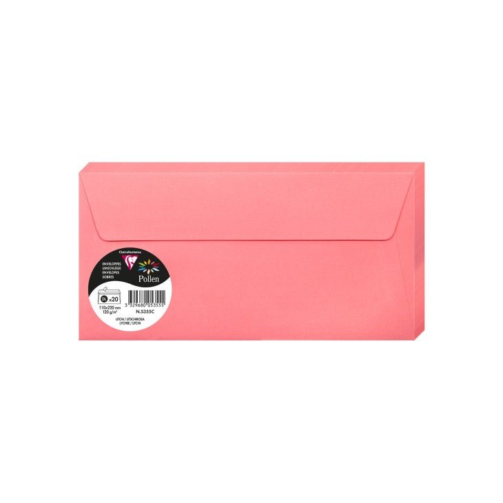 20 enveloppes CLAIREFONTAINE Pollen - DL (110 x 220 mm) - 120 g/m² - Litchi - 3329680053555