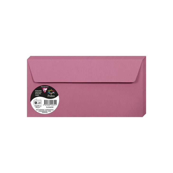 20 enveloppes CLAIREFONTAINE Pollen - DL (110 x 220 mm) - 120 g/m² - Rose hortensia - 3329680556551