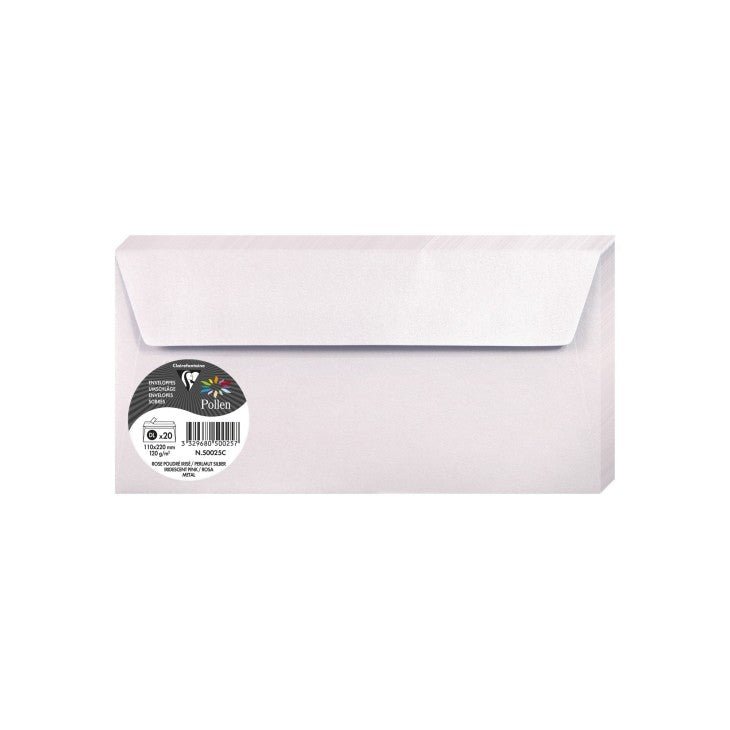 20 enveloppes CLAIREFONTAINE Pollen - DL (110 x 220 mm) - 120 g/m² - Rose poudre irisé - 3329680500257