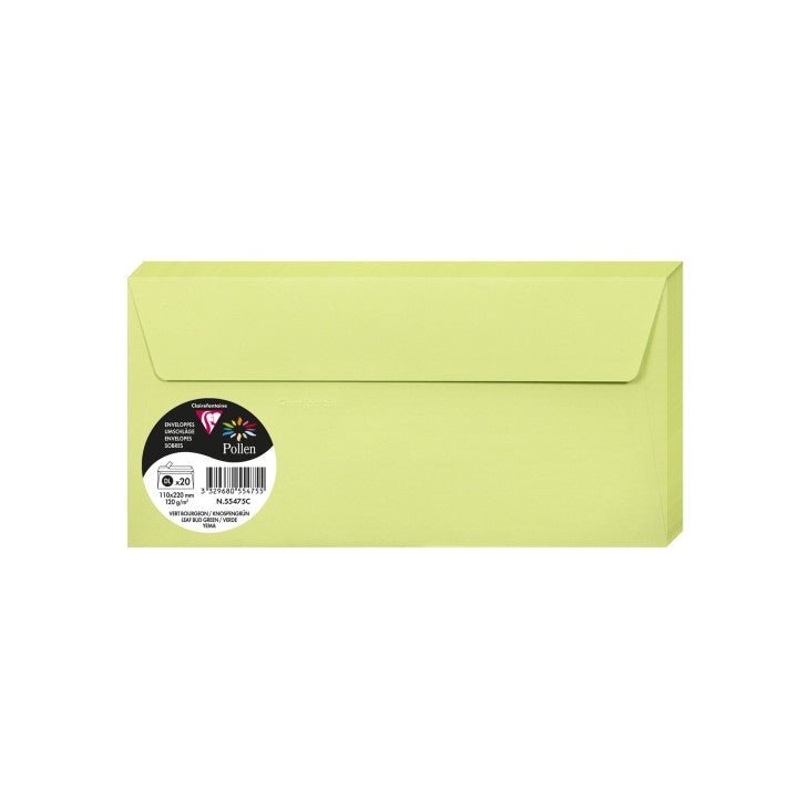 20 enveloppes CLAIREFONTAINE Pollen - DL (110 x 220 mm) - 120 g/m² - Vert bourgeon - 3329680554755