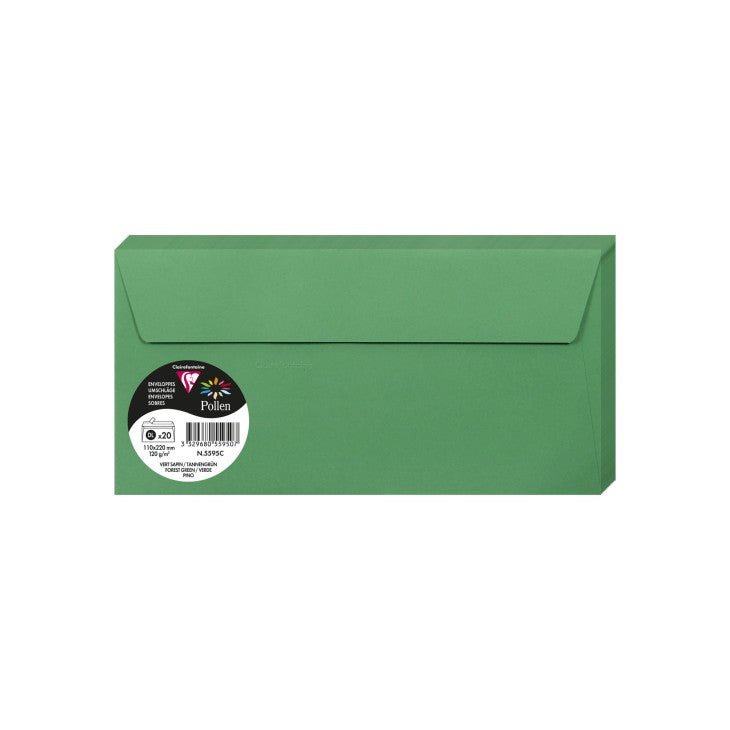 20 enveloppes CLAIREFONTAINE Pollen - DL (110 x 220 mm) - 120 g/m² - Vert sapin - 3329680559507
