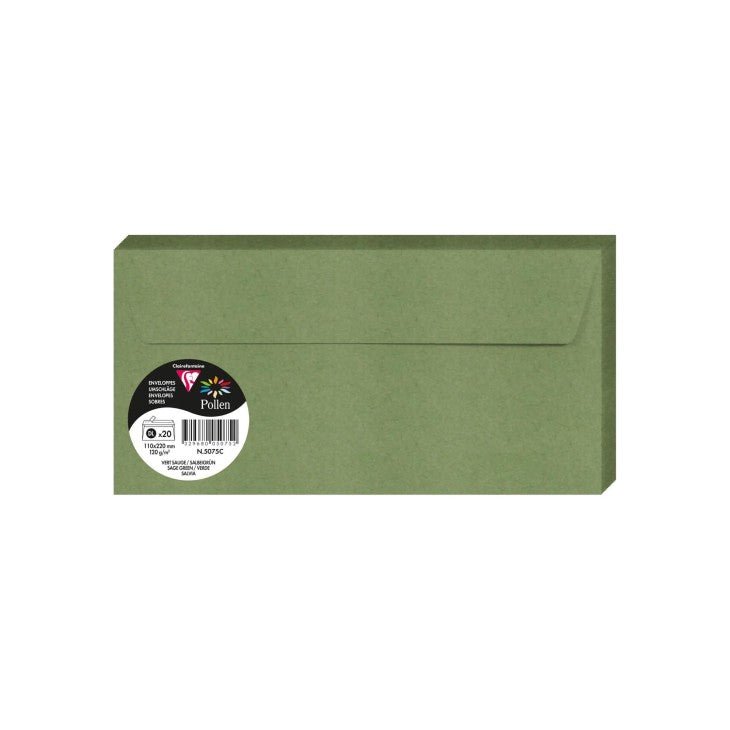 20 enveloppes CLAIREFONTAINE Pollen - DL (110 x 220 mm) - 120 g/m² - Vert sauge - 3329680050752
