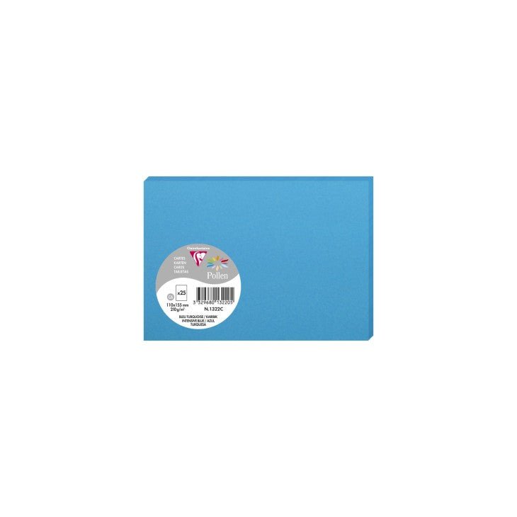 25 cartes CLAIREFONTAINE Pollen - 110 x 155 mm - 210 g/m² - Bleu turquoise - 3329680132205