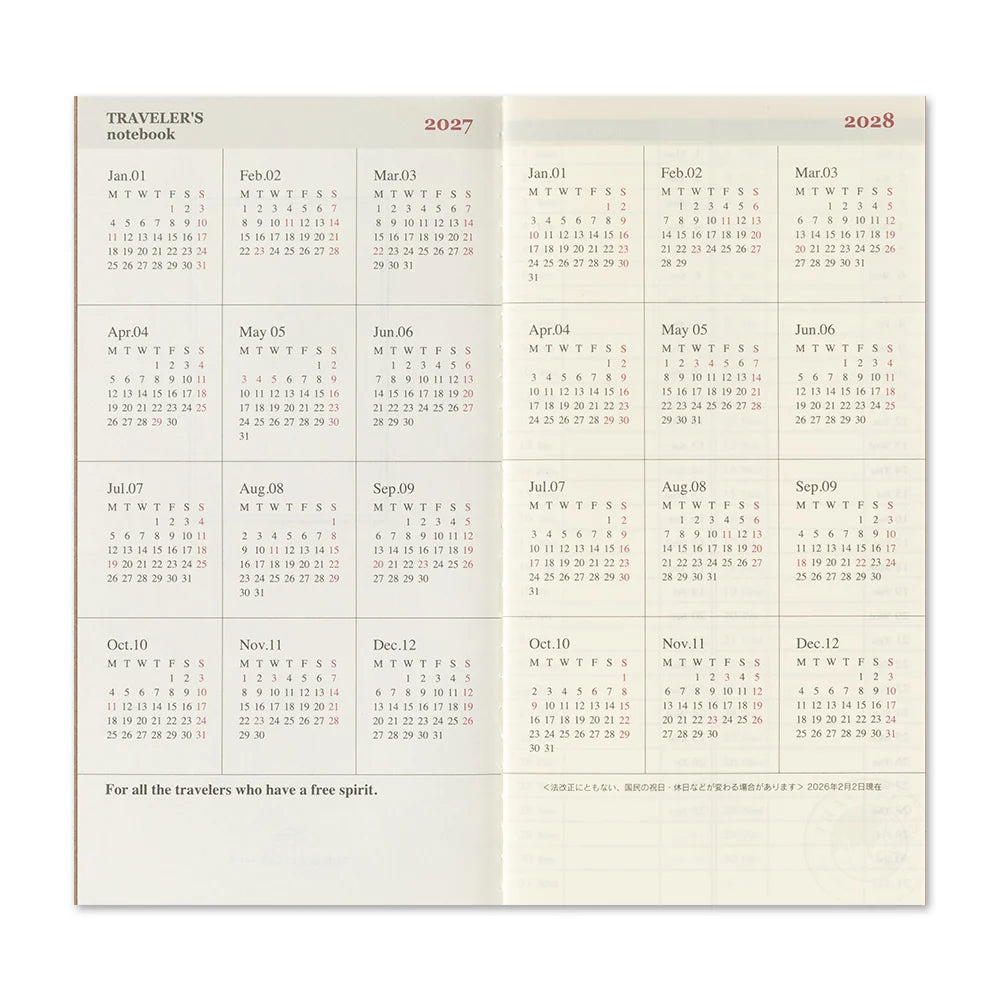 TRAVELER'S notebook - agenda semainier 2027 avec notes (regular size)