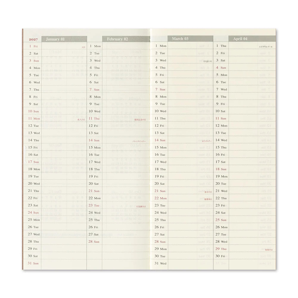 TRAVELER'S notebook - agenda semainier 2027 avec notes (regular size)