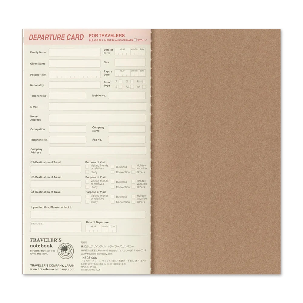 TRAVELER'S notebook - agenda semainier 2027 avec notes (regular size)