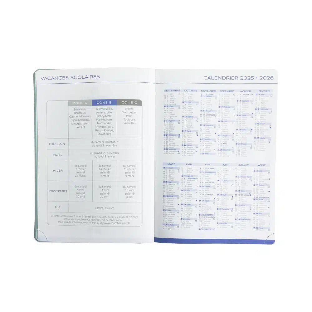 Agenda 2025 - 2026 ÉPOPÉE Claire - A5 - 1 semaine sur 2 pages - Orientation verticale - Vert émeraude - 