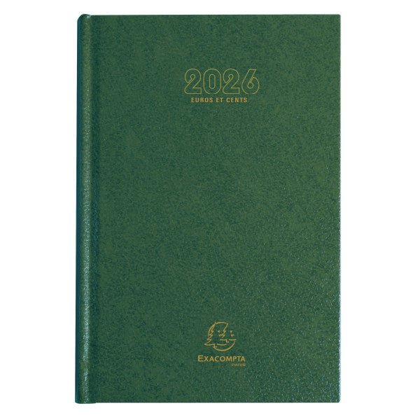 Agenda 2026 EXACOMPTA Carré Euros et cents - 13,5 x 21 cm - 1 jour par page - Orientation horizontale - Vert - 3660942007542