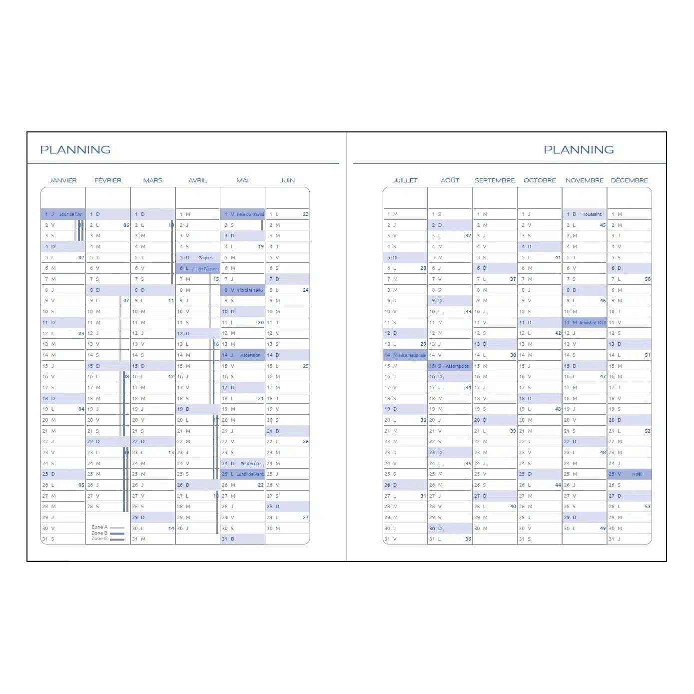 Agenda 2027 ÉPOPÉE Clémence - A5 - 1 semaine sur 2 pages - Orientation verticale - Bleu lavande - 