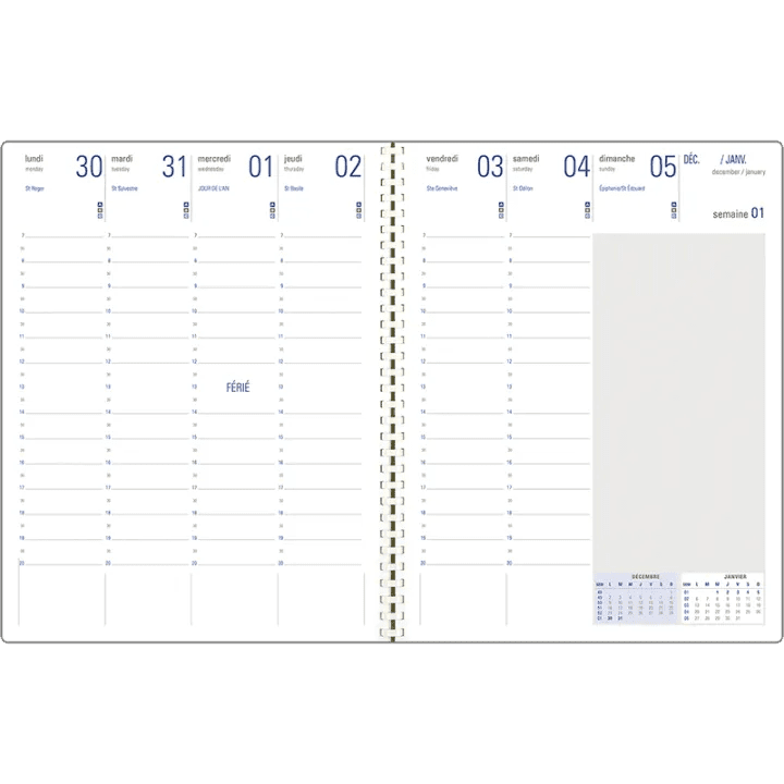 Agenda 2027 OBERTHUR Davos - 21 x 27 cm - 1 semaine sur 2 pages - Orientation verticale - Bleu - 3664447228273