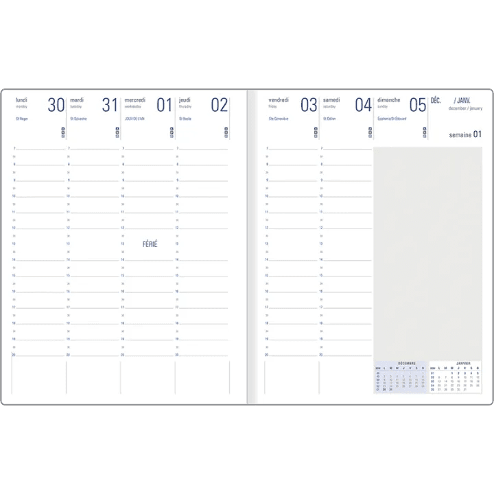 Agenda 2027 OBERTHUR Odessa - 21 x 27 cm - 1 semaine sur 2 pages - Orientation verticale - Noir