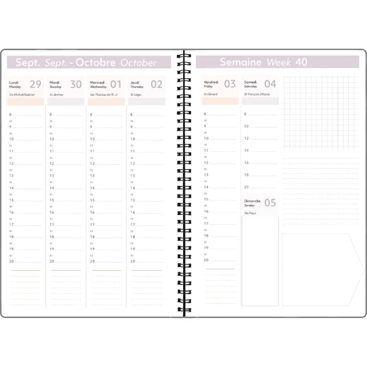 Agenda 2027 OBERTHUR Primrose - 16 x 24 cm - 1 semaine sur 2 pages - Orientation verticale - Violet - 3664447229331