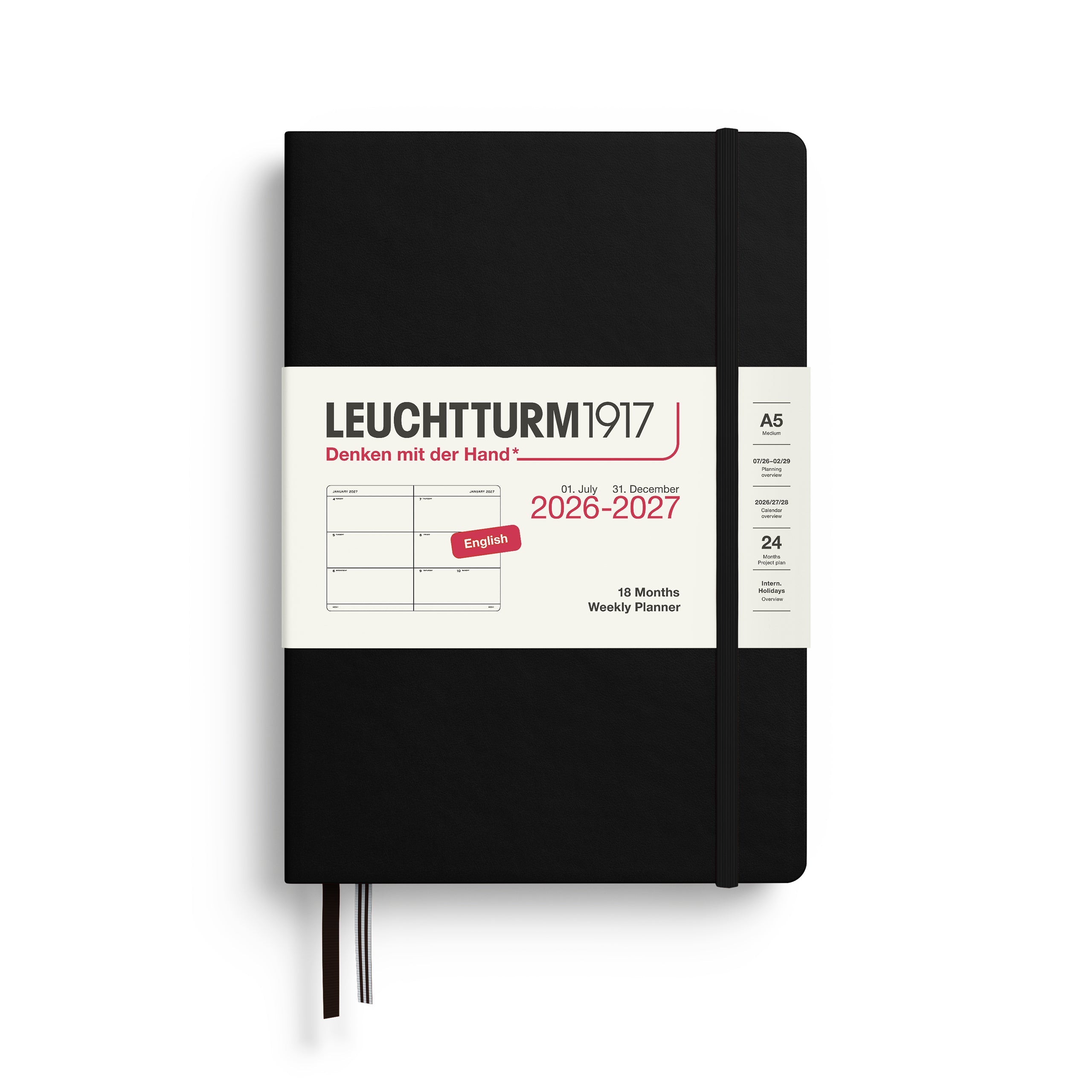 Agenda Semainier 2026 - 2027 (18 mois) LEUCHTTURM1917, Anglais - A5 - Hardcover - Black - 4070292003399