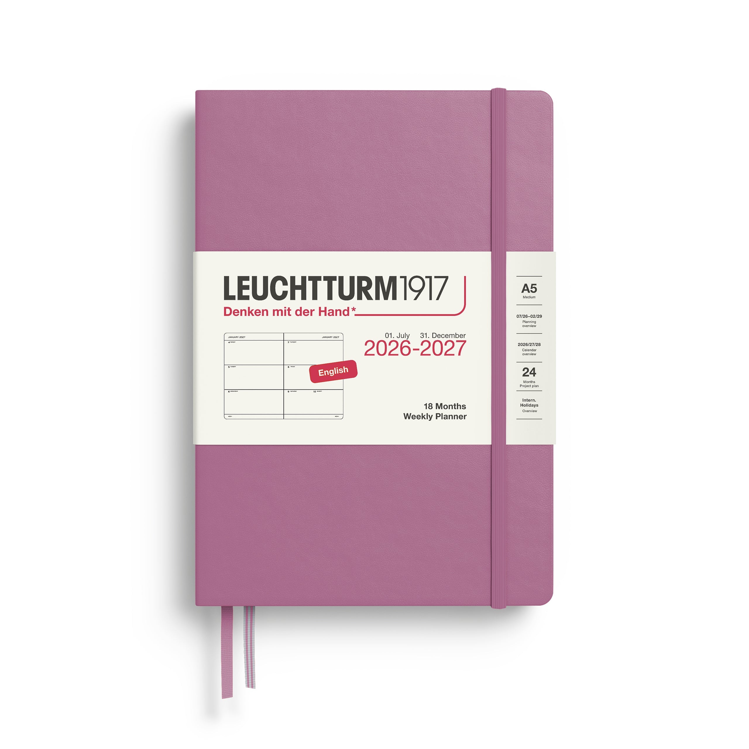 Agenda Semainier 2026 - 2027 (18 mois) LEUCHTTURM1917, Anglais - A5 - Hardcover - Dusty Rose - 4070292003405
