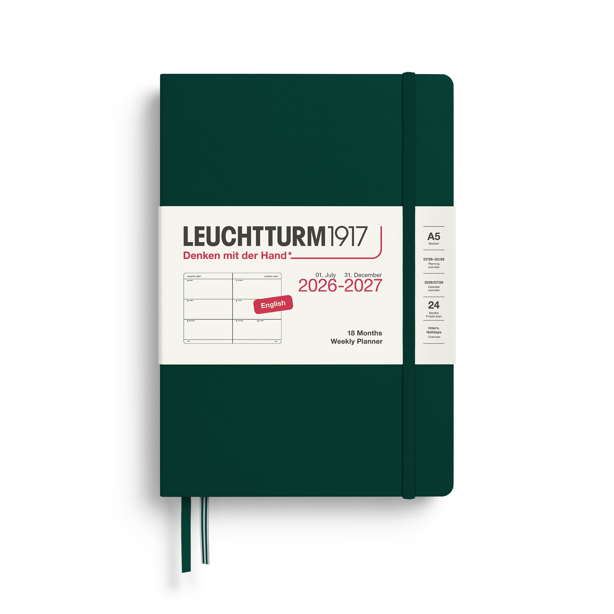 Agenda Semainier 2026 - 2027 (18 mois) LEUCHTTURM1917, Anglais - A5 - Hardcover - Forest Green - 4070292003429