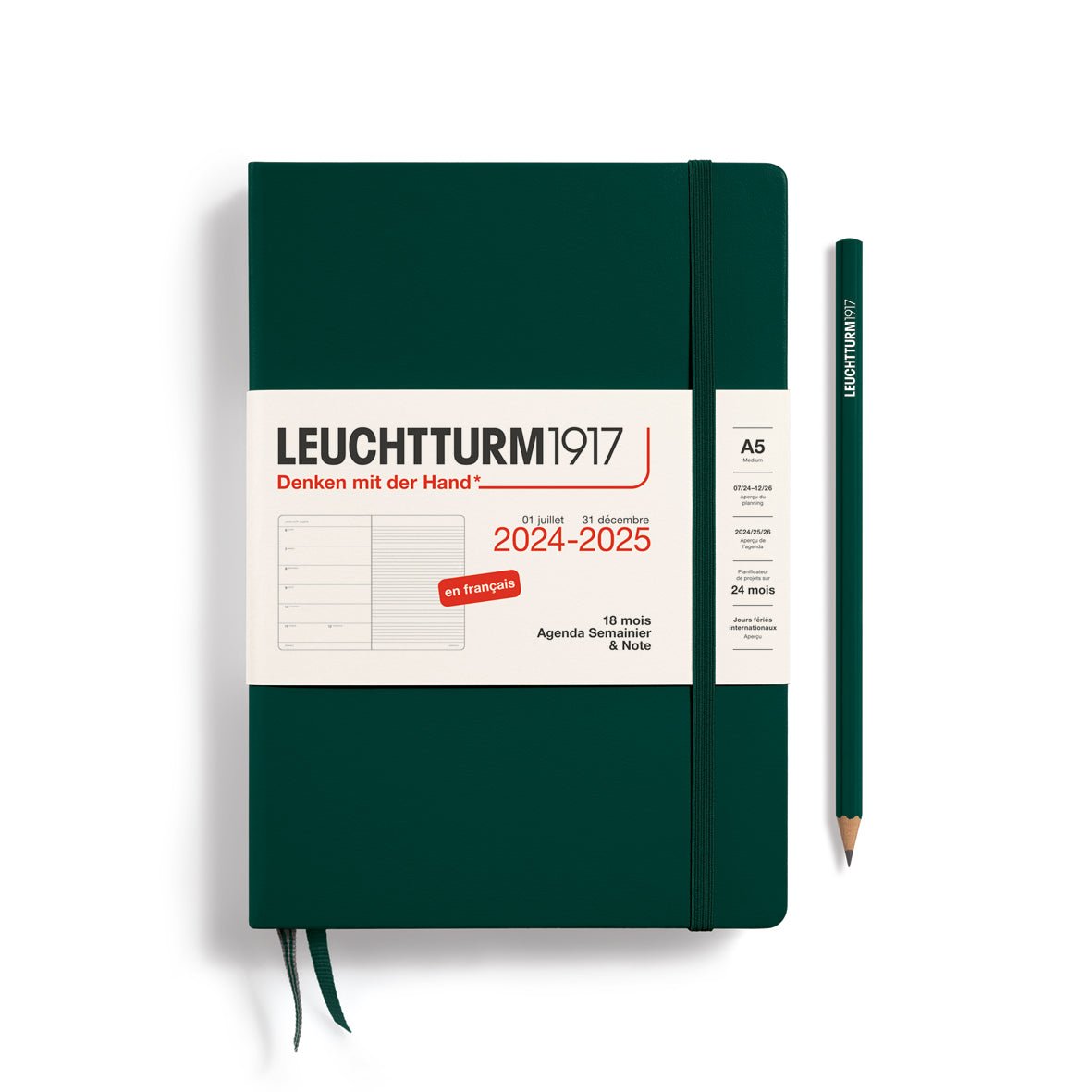 Agenda Semainier & Carnet de Notes 2024-2025 (18 mois) LEUCHTTURM1917, Français - 1 semaine + notes - A5 - Forest Green - 4004117653070