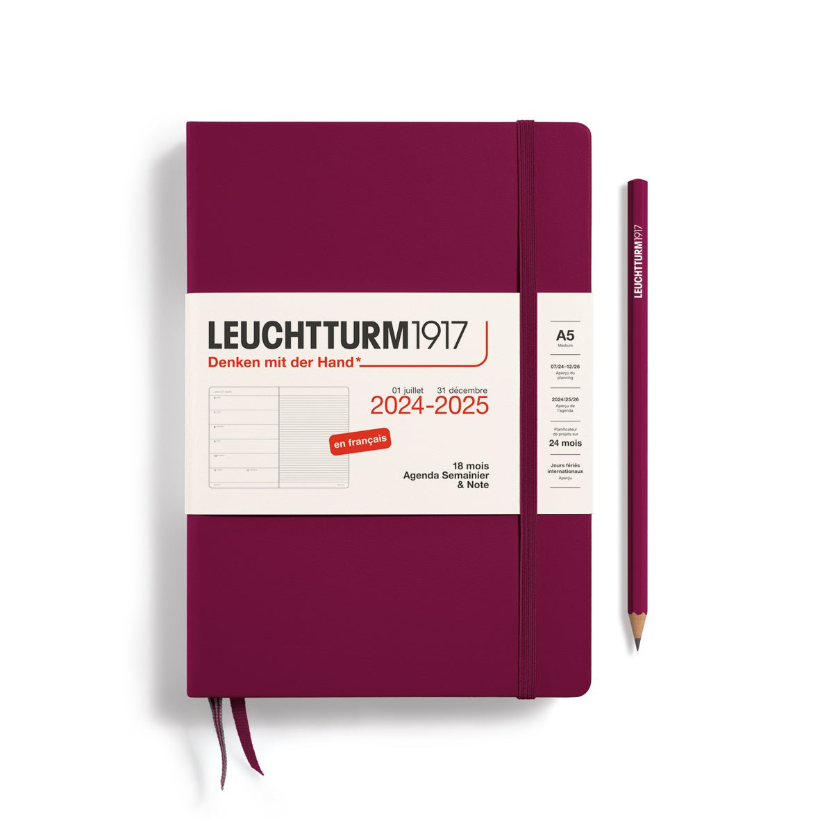 Agenda Semainier & Carnet de Notes 2024-2025 (18 mois) LEUCHTTURM1917, Français - 1 semaine + notes - A5 - Port Red - 4004117653056