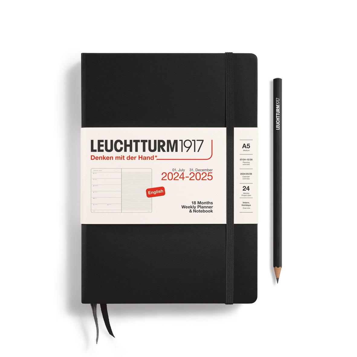 Agenda Semainier & Carnet de Notes Rigide 2024-2025 (18 mois) LEUCHTTURM1917, Anglais - 1 semaine + notes - A5 - Black - 4004117651526