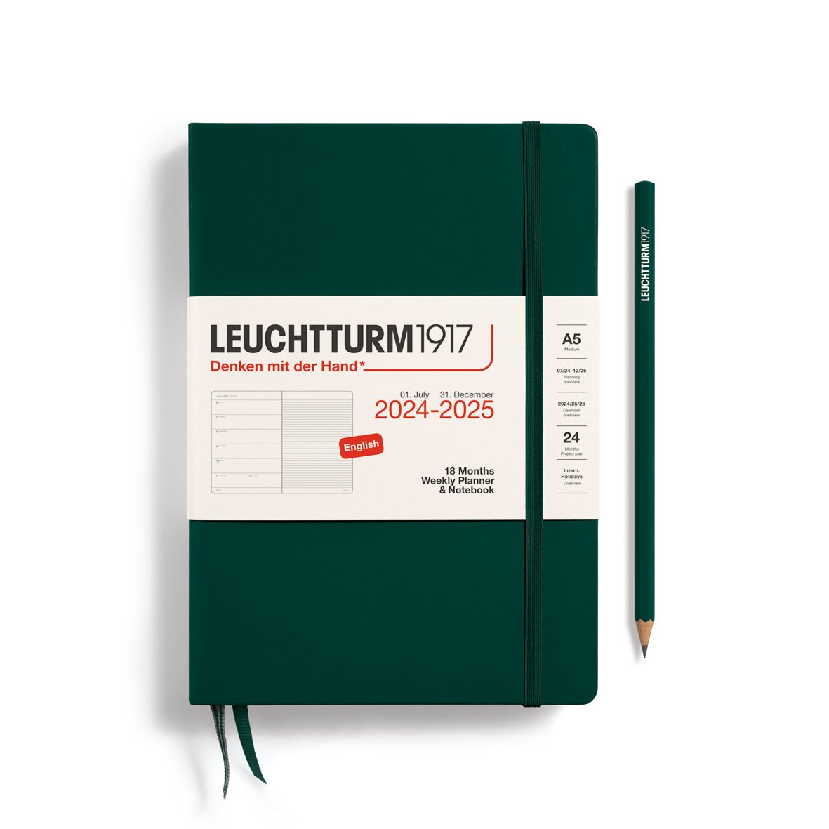 Agenda Semainier & Carnet de Notes Rigide 2024-2025 (18 mois) LEUCHTTURM1917, Anglais - 1 semaine + notes - A5 - Forest Green - 4004117651564
