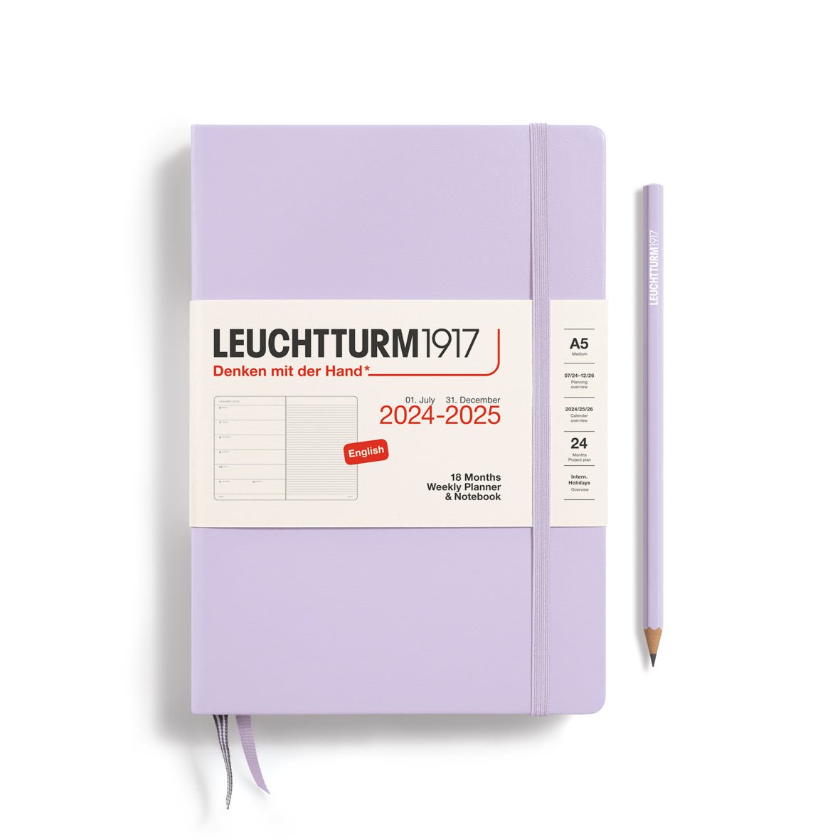 Agenda Semainier & Carnet de Notes Rigide 2024-2025 (18 mois) LEUCHTTURM1917, Anglais - 1 semaine + notes - A5 - Lilac - 4004117651533