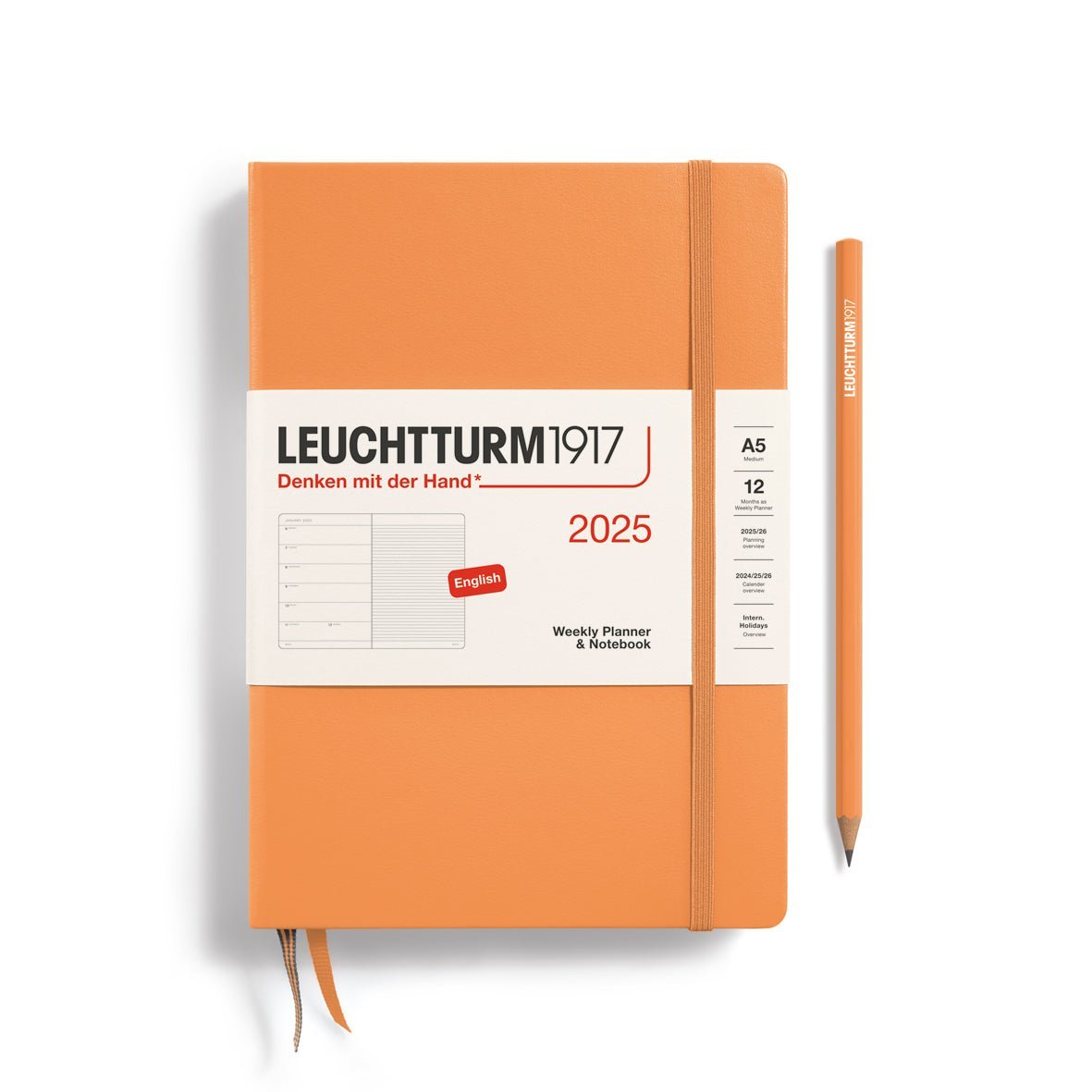 Agenda Semainier & Carnet de Notes Rigide 2025 LEUCHTTURM1917, Anglais - 1 semaine + notes - A5 - Apricot - 4004117651779